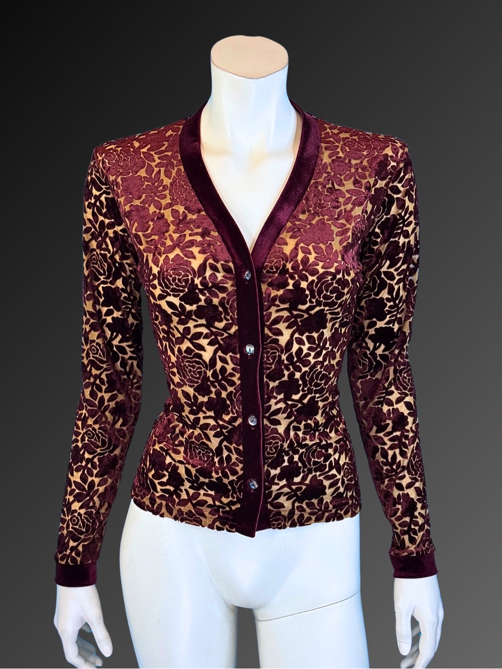 90s Burgundy Velvet Burnout Romantic Gothic Floral Devore Cardigan | XS S - Picture 2 of 11